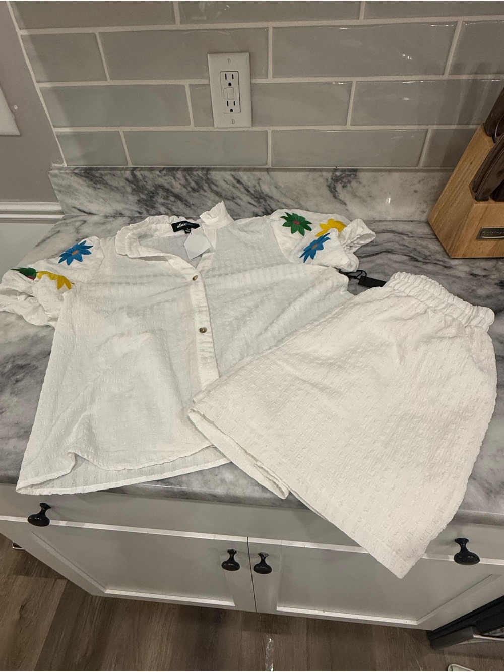 Alice Blue White Two-Piece Embroidered Shirt & Short Set